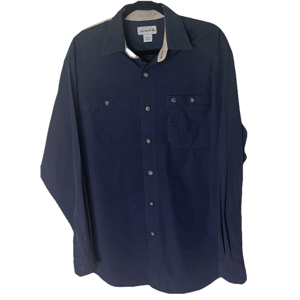 Carhartt Men's Button-Down Shirt Sz Large Navy Long Sleeve Casual Workwear